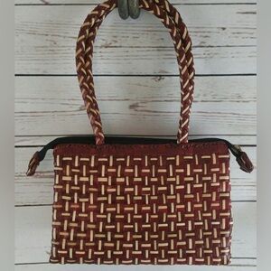 Braided Red and Cream Woven Tote Bag 9”x6.5”